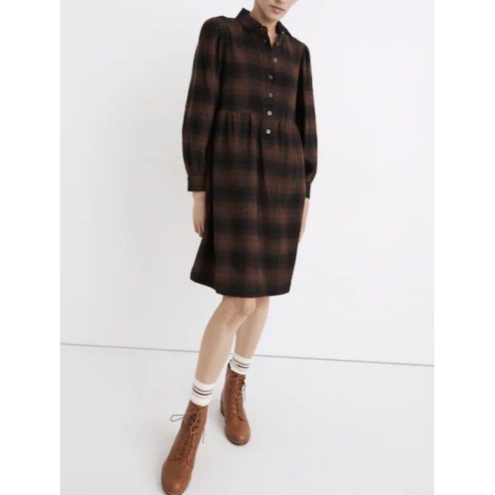 madewell Women Plaid Flannel Babydoll Shirtdress Dress Boho Brown 100% Cotton M